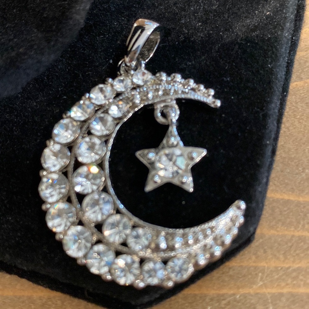 Diamond Covered Moon Necklace Pendant with Star